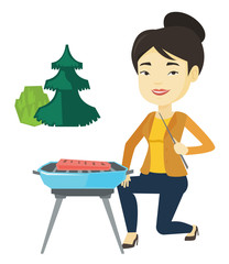 Woman cooking steak on barbecue grill.