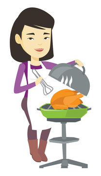 Woman cooking chicken on barbecue grill.