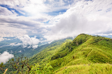 Fototapeta na wymiar Beautiful natural landscape from the high angle view of Mekong River forest and clouds in the sky on the mountain at Doi Pha Tang view point, Chiang Rai Province, Thailand