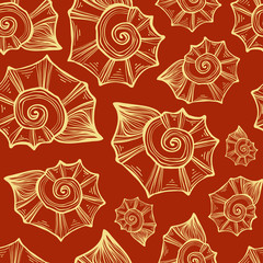 Hand drawn vector illustrations - seamless pattern of seashell. Orange background.