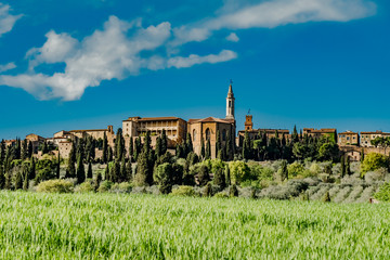 stunning landscape of green hills of the Val d'Orcia in Tuscany, the land of wine brunello of the city of Siena and Montalcino