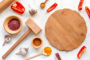 cooking tools in restoraunt concept on white background top view