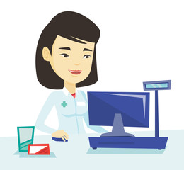 Pharmacist at counter with cash box.