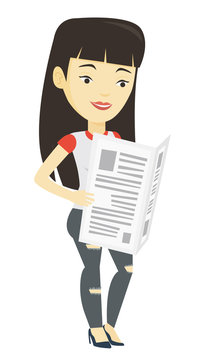 Woman reading newspaper vector illustration.