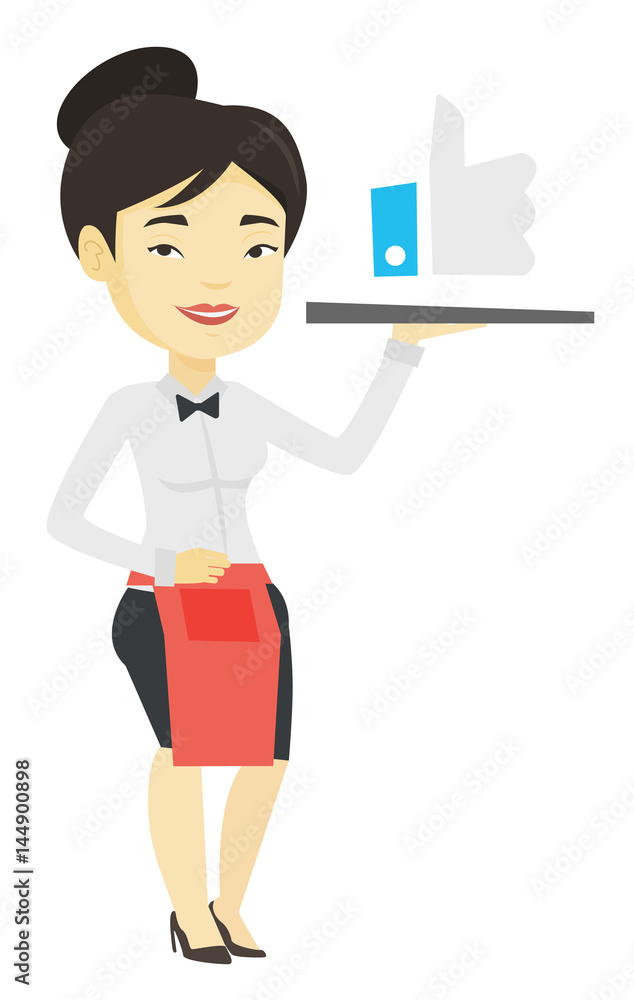 Poster waitress with like button vector illustration.