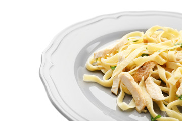 Plate with delicious Chicken Alfredo isolated on white