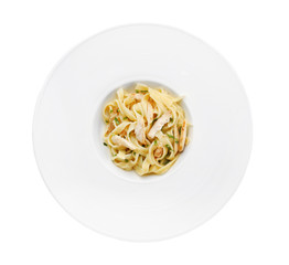 Plate with delicious Chicken Alfredo isolated on white