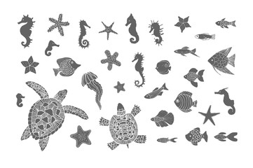 Hand drawn sketch set of turtles, jellyfish and other sea animals. Vector illustration