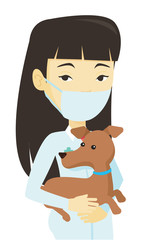 Veterinarian with dog in hands vector illustration
