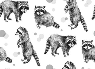 Hand drawn seamless pattern with raccoons