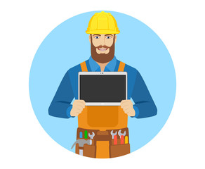 Worker showing blank digital tablet PC