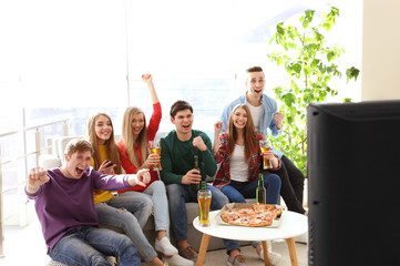 Friends with tasty pizza and beer watching sports on TV at home