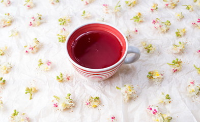 Cup of tea and chestnut blossom flowers