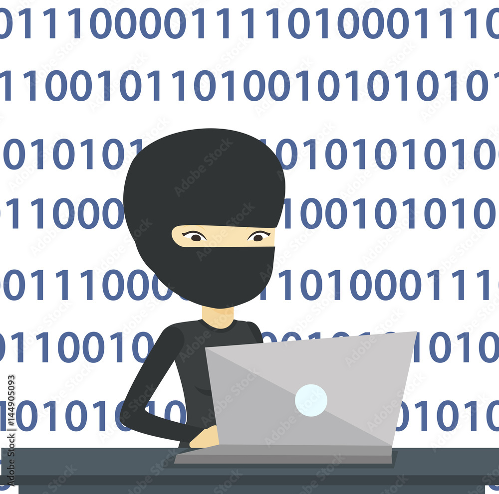 Poster hacker using laptop to steal information.