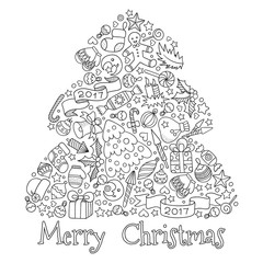 Fototapeta premium Pattern for coloring book. Christmas hand-drawn decorative elements in vector.