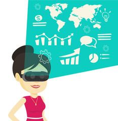 Businesswoman in vr headset analyzing virtual data