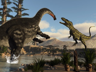 Torvosaurus and apatosaurus dinosaurs fighting - 3D render © Elenarts