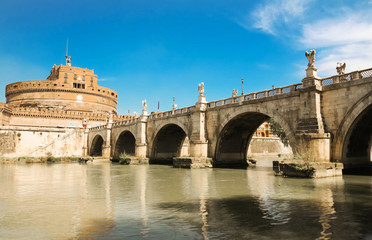 The bridge and Castle Sant`Angelo in Rome, Italy.
