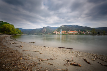 View of the medieval monastery Duernstein on the river Danube in the Wachau valley. Lower Austria