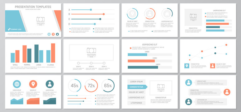 Set of orange and blue elements for multipurpose presentation template slides with graphs and charts. Leaflet, corporate report, marketing, advertising, annual report, book cover design.
