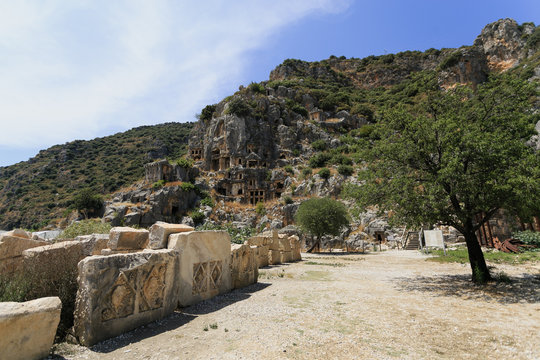 Landscape of Lycian Myra in Turkey with ancient carved stones an