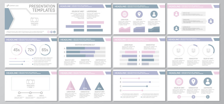 Set of purple elements for multipurpose presentation template slides with graphs and charts. Leaflet, corporate report, marketing, advertising, annual report, book cover design.