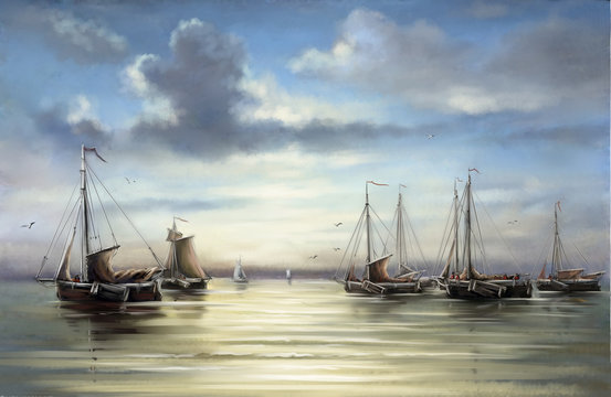 Fishermens, boats, ships.Sea landscape paintings.