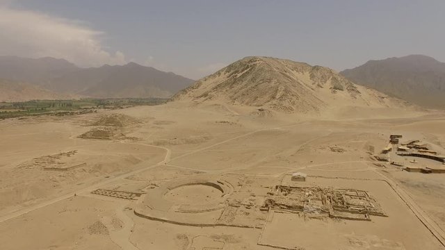 Aerial of CARAL in Peru, South America.  Aerial of the Oldest urban complex in America. 