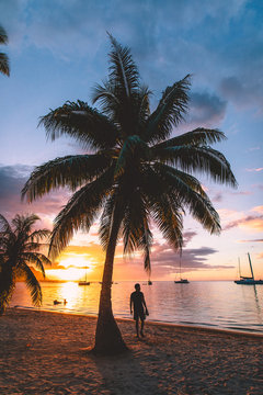 Man standing on beach by palm trees and sea at sunset, Mo'orea, South Pacific