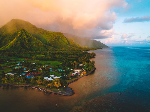 Island and coastline, Teahupoo, Tahiti, South Pacific