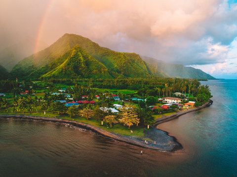 Aerial view of island and coastline, Teahupoo, Tahiti, South Pacific