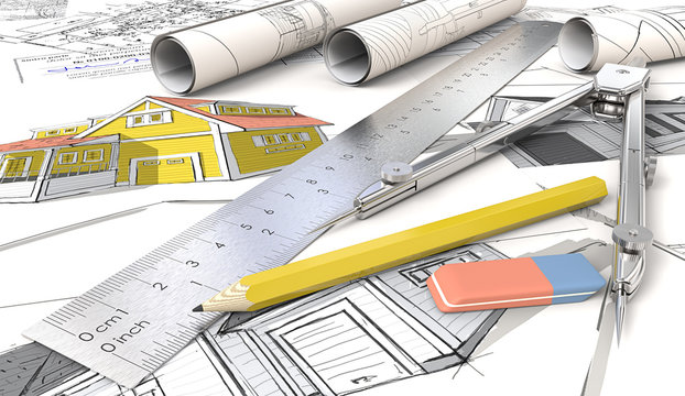 House Sketches. Yellow Theme Architectural house sketches. Rolls, Ruler, Pencil, Eraser and Divider of metal. 3D render. 