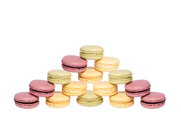 Colorful macaroons. pyramid of macaroons Sweet macarons. Isolated on white background. a pyramid of macaroons