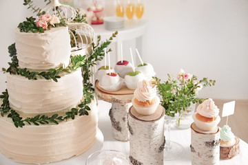 Candy bar. Table with different sweets for party