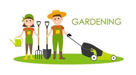 Fototapeta na wymiar Garden Background Vector Illustration. Farmer Gardener Man and W