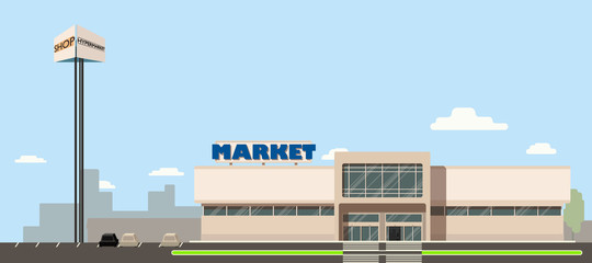 Mall or supermarket or hypermarket building in the city with advertising pillar in flat design - obrazy, fototapety, plakaty