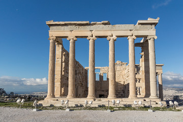 Fototapeta premium Ancient Greek temple The Erechtheion on the north side of the Acropolis of Athens, Attica, Greece
