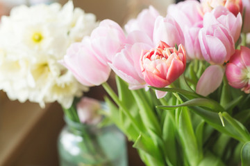 Pink tulips on the wooden background. Pink tulip. Tulips. Flowers. Flower background. Flowers photo concept. Colored tulips. Petals. Narcissus