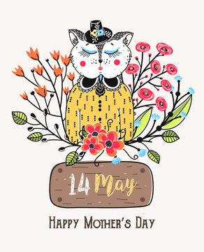 Happy Mother's day. Congratulatory background with cute cat in flowers. Spring holiday. Sketch of animal. Card, postcard, invitation or poster. Vector illustration, eps10