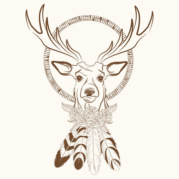 deer with dream catcher with feathers vector illustration eps 10