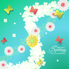 Fototapeta premium Vector illustration of Blooming Spring on the gradient green and blue background with flowers and butterflies.