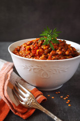 Brown lentil stew in bowl