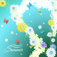 Fototapeta na wymiar Vector illustration of Summer comes on the gradient green and blue background with flowers and butterflies.