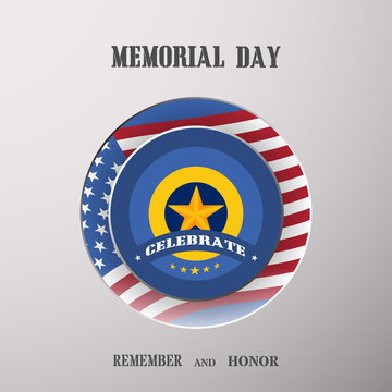 Memorial Day vector poster with medal cut from paper, usa flag, shadow and text on the gradient gray background.