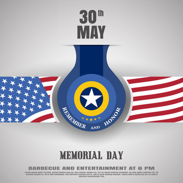 Memorial Day vector poster with medal, stripe with usa flag cut from paper, shadow and text on the gradient gray background.