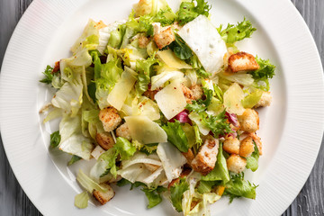 Plate with chicken salad, closeup