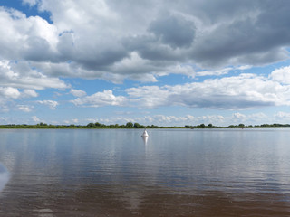 Volkhov, the great Russian river in the city of Veliky Novgorod