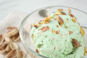 Glass bowl with pistachio ice cream, closeup