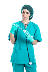 Young nurse with stethoscope standing and looking syringe in hand isolated .