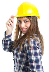 Attractive young woman builder with helmet and work glove. Isolated on white background.